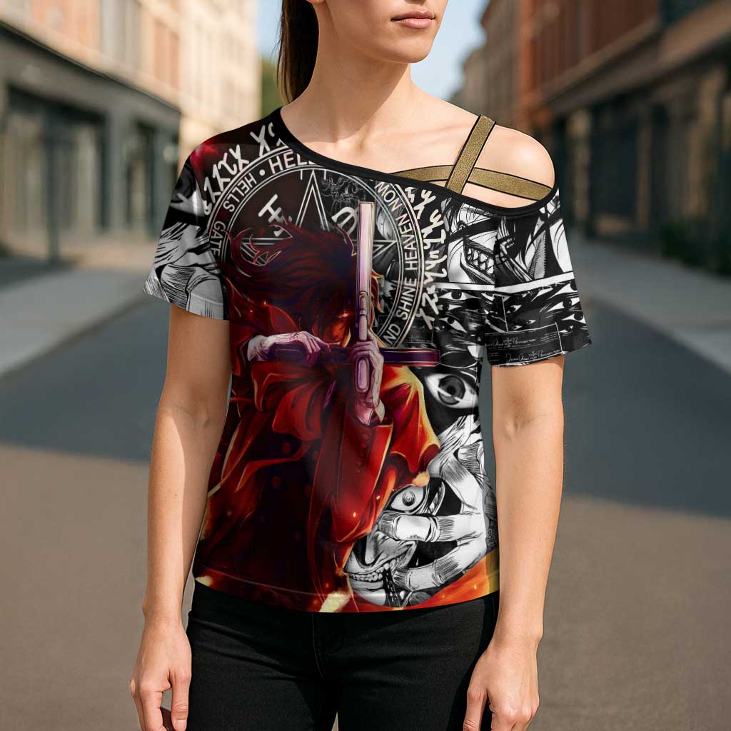 Alucard Hellsing Manga Collage Black and Red Design Cross Shoulder Shirt with Gun Pose and Symbolic Silhouettes - The Mazicc