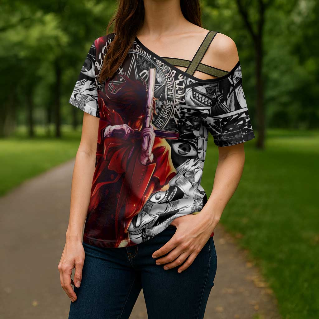Alucard Hellsing Manga Collage Black and Red Design Cross Shoulder Shirt with Gun Pose and Symbolic Silhouettes - The Mazicc