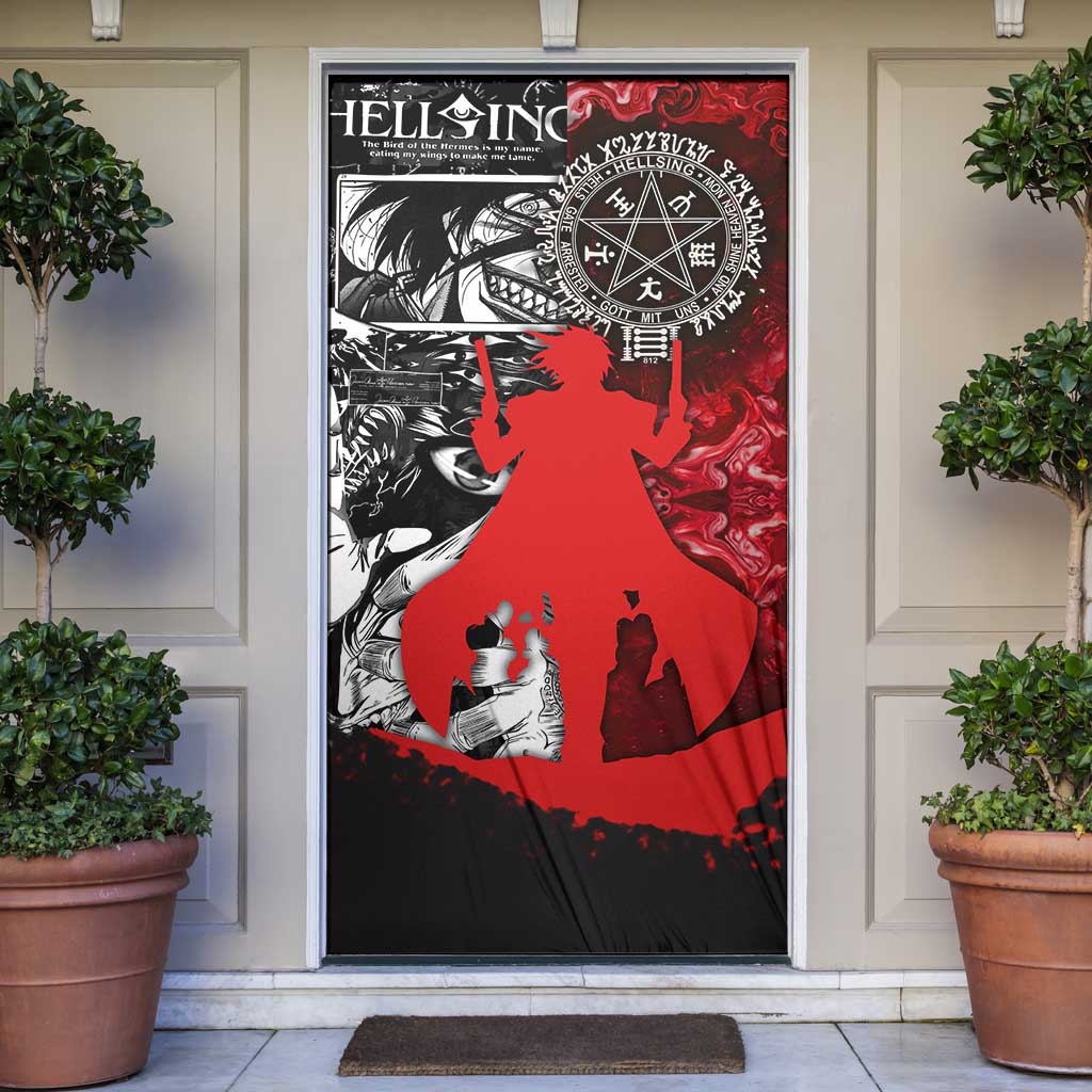 Alucard Hellsing Manga Collage Black and Red Design Door Cover with Gun Pose and Symbolic Silhouettes - The Mazicc