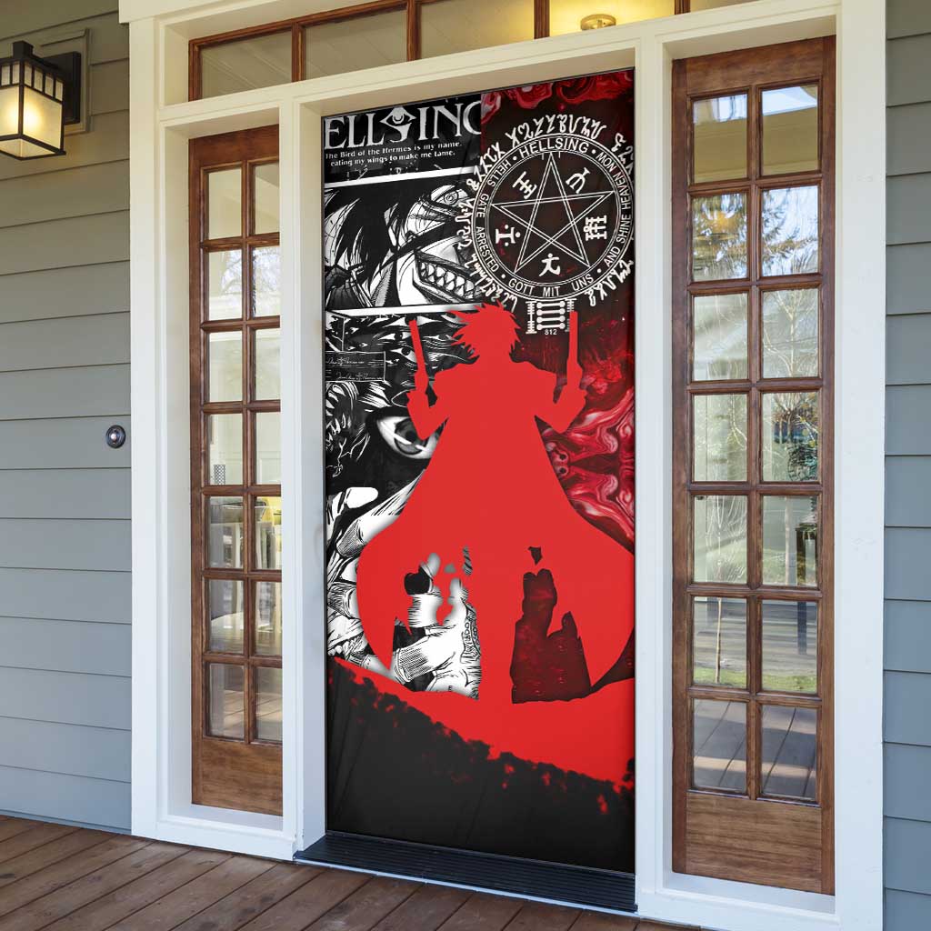 Alucard Hellsing Manga Collage Black and Red Design Door Cover with Gun Pose and Symbolic Silhouettes - The Mazicc