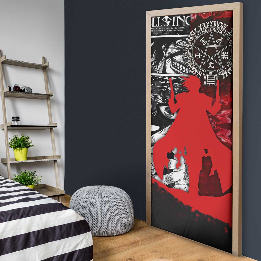Alucard Hellsing Manga Collage Black and Red Design Door Cover with Gun Pose and Symbolic Silhouettes - The Mazicc