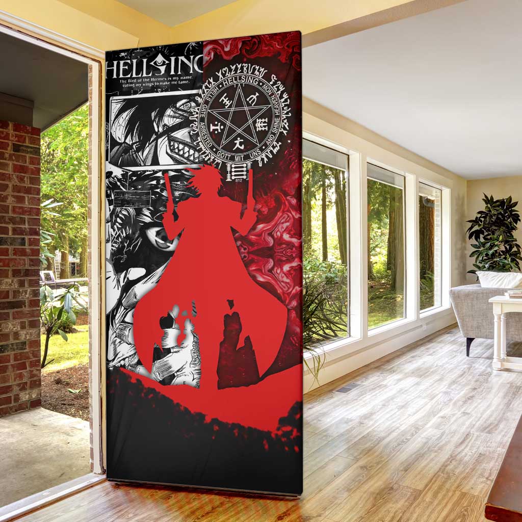 Alucard Hellsing Manga Collage Black and Red Design Door Cover with Gun Pose and Symbolic Silhouettes - The Mazicc