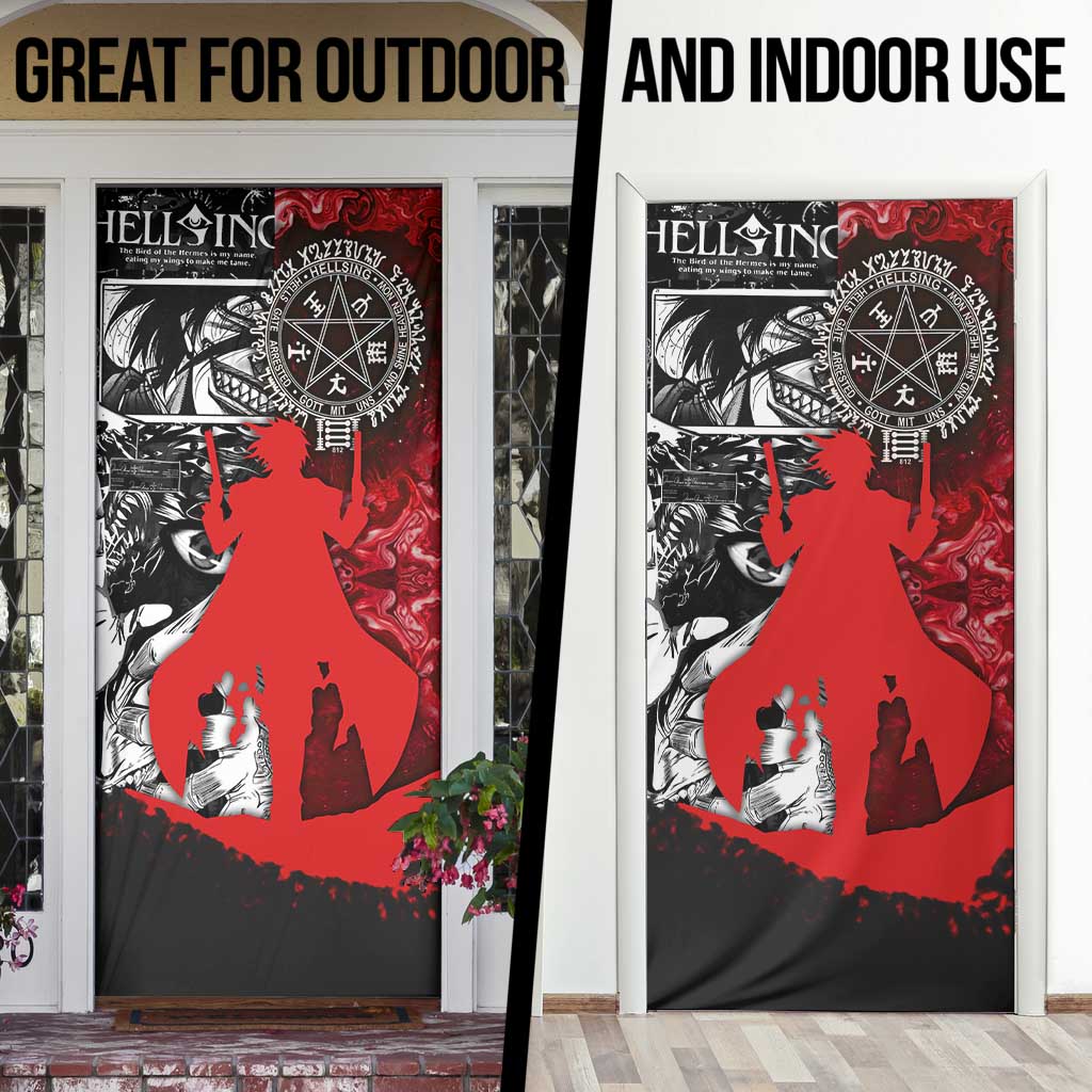 Alucard Hellsing Manga Collage Black and Red Design Door Cover with Gun Pose and Symbolic Silhouettes - The Mazicc