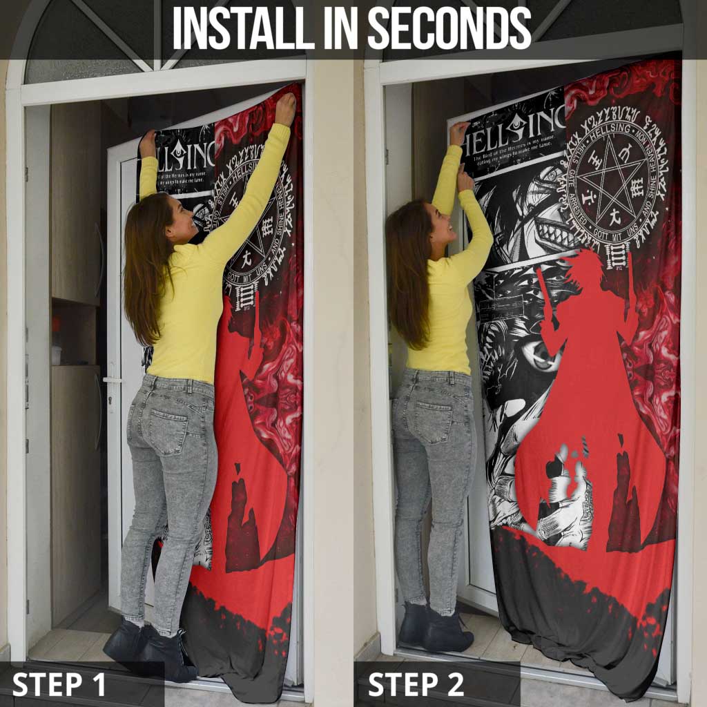 Alucard Hellsing Manga Collage Black and Red Design Door Cover with Gun Pose and Symbolic Silhouettes - The Mazicc