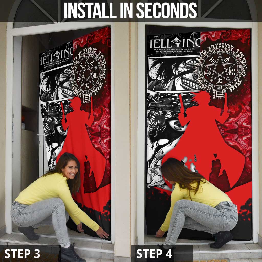 Alucard Hellsing Manga Collage Black and Red Design Door Cover with Gun Pose and Symbolic Silhouettes - The Mazicc