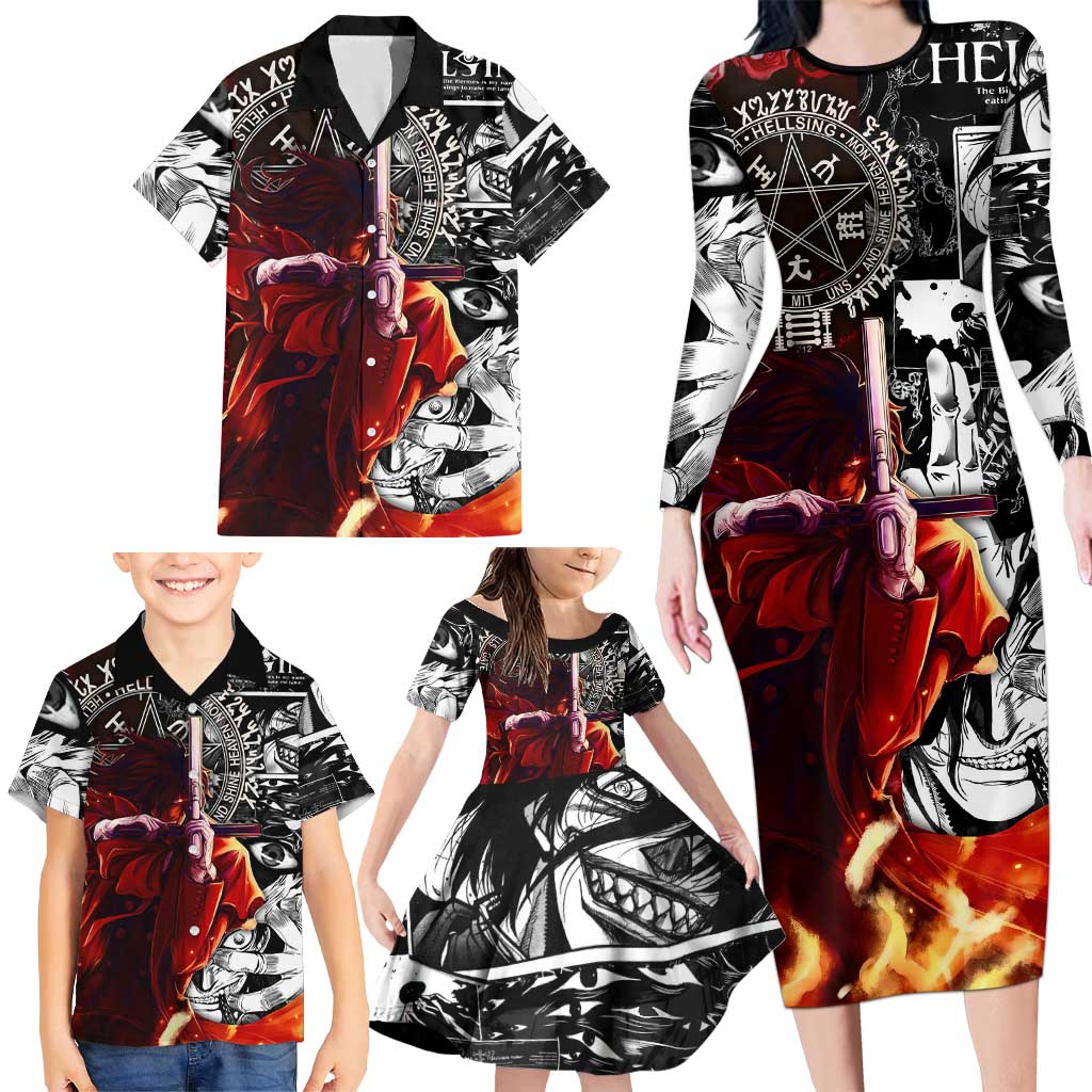 Alucard Hellsing Manga Collage Black and Red Design Family Matching Long Sleeve Bodycon Dress and Hawaiian Shirt with Gun Pose and Symbolic Silhouettes