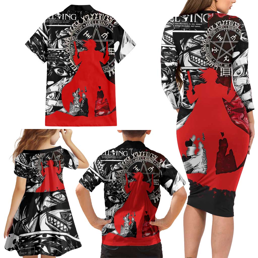 Alucard Hellsing Manga Collage Black and Red Design Family Matching Long Sleeve Bodycon Dress and Hawaiian Shirt with Gun Pose and Symbolic Silhouettes