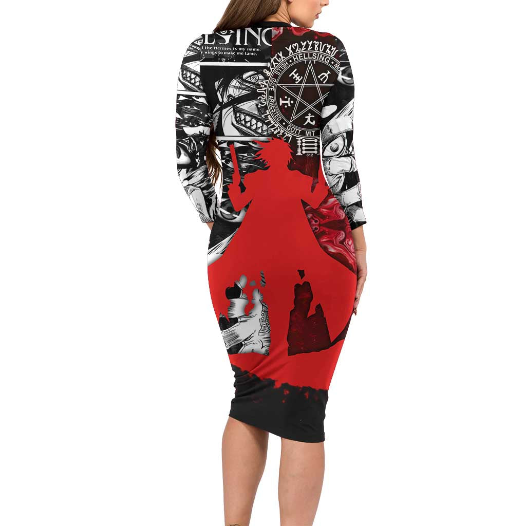 Alucard Hellsing Manga Collage Black and Red Design Family Matching Long Sleeve Bodycon Dress and Hawaiian Shirt with Gun Pose and Symbolic Silhouettes