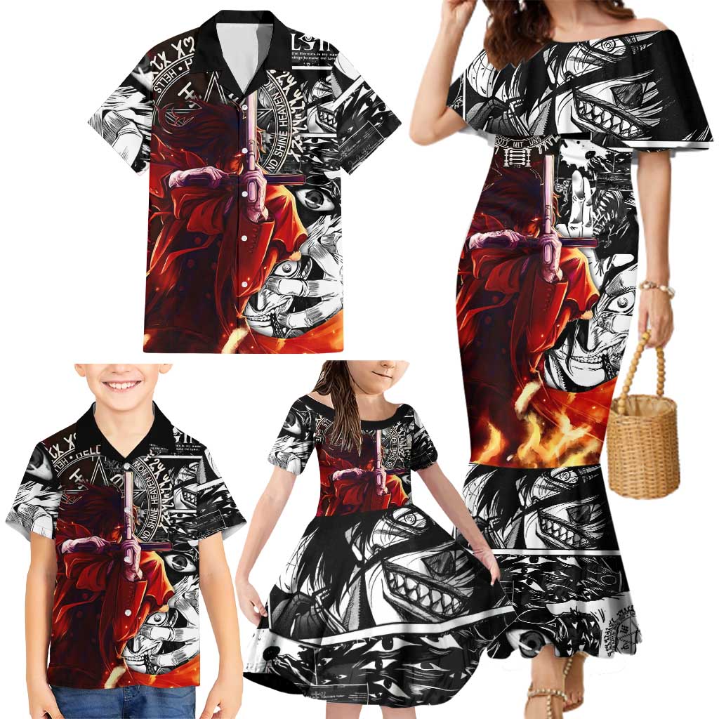 Alucard Hellsing Manga Collage Black and Red Design Family Matching Mermaid Dress and Hawaiian Shirt with Gun Pose and Symbolic Silhouettes