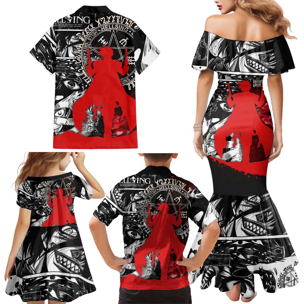 Alucard Hellsing Manga Collage Black and Red Design Family Matching Mermaid Dress and Hawaiian Shirt with Gun Pose and Symbolic Silhouettes