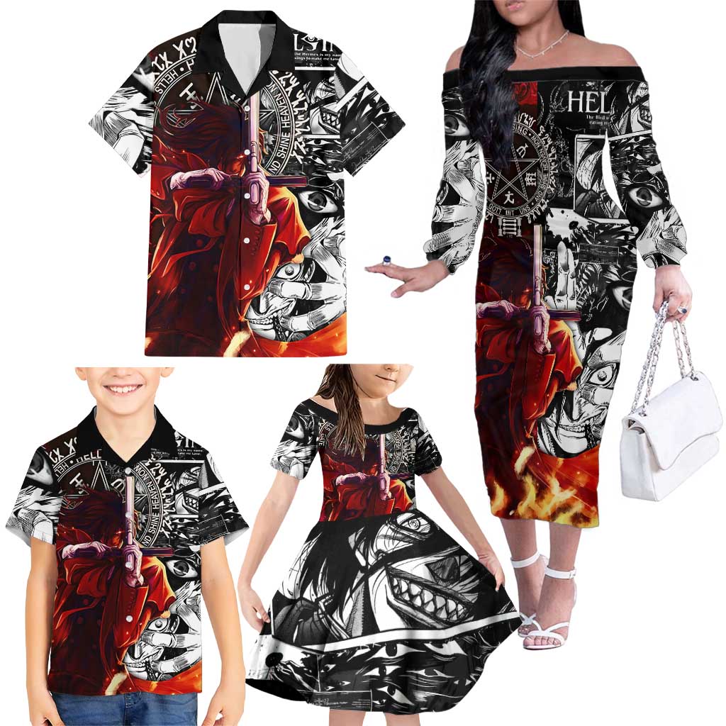 Alucard Hellsing Manga Collage Black and Red Design Family Matching Off The Shoulder Long Sleeve Dress and Hawaiian Shirt with Gun Pose and Symbolic Silhouettes