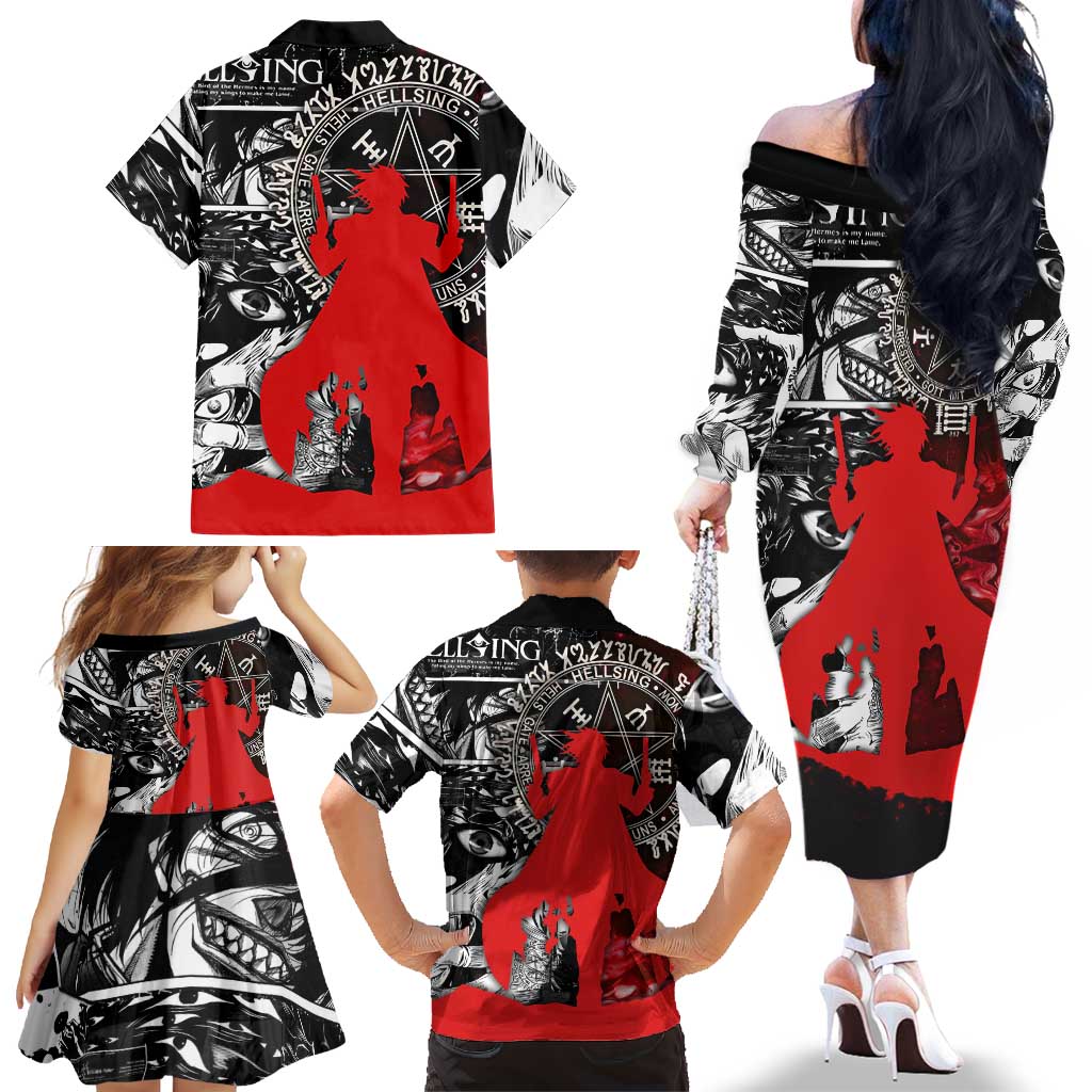 Alucard Hellsing Manga Collage Black and Red Design Family Matching Off The Shoulder Long Sleeve Dress and Hawaiian Shirt with Gun Pose and Symbolic Silhouettes