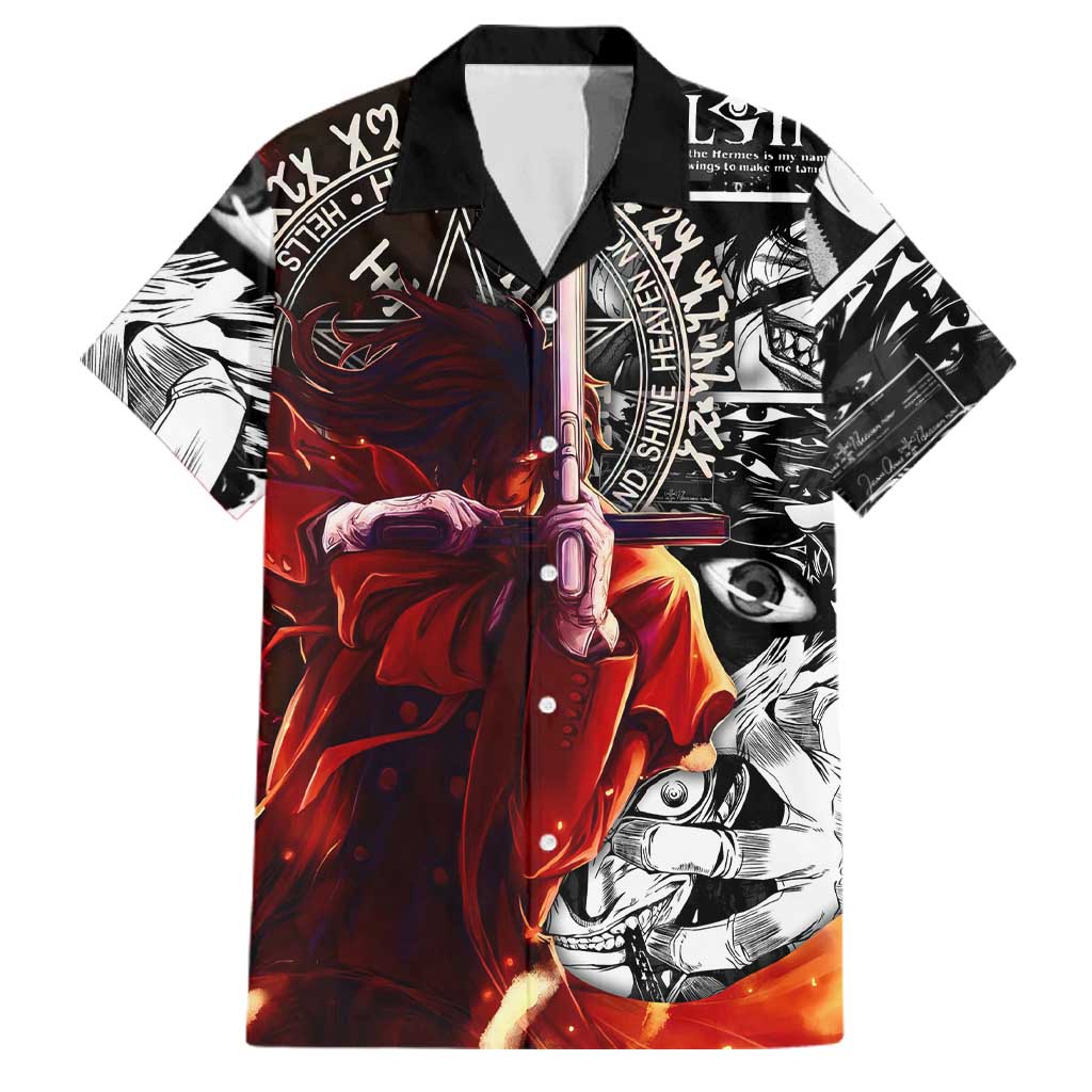 Alucard Hellsing Manga Collage Black and Red Design Family Matching Off The Shoulder Long Sleeve Dress and Hawaiian Shirt with Gun Pose and Symbolic Silhouettes