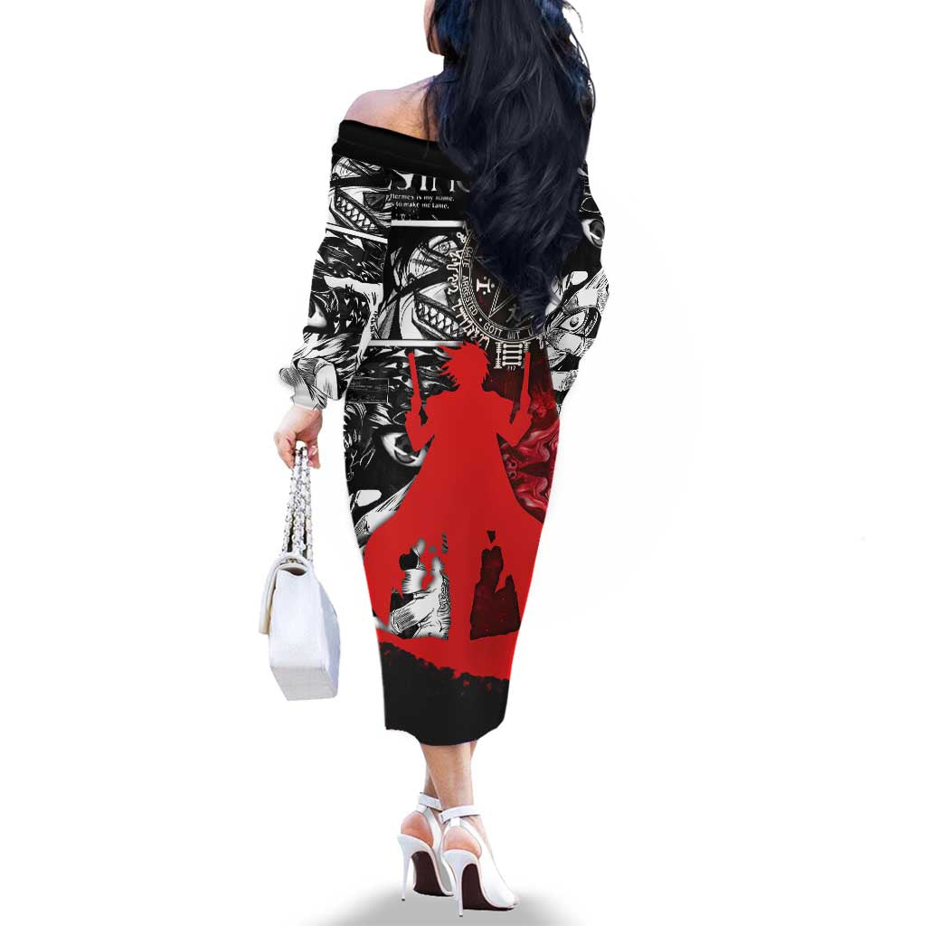 Alucard Hellsing Manga Collage Black and Red Design Family Matching Off The Shoulder Long Sleeve Dress and Hawaiian Shirt with Gun Pose and Symbolic Silhouettes