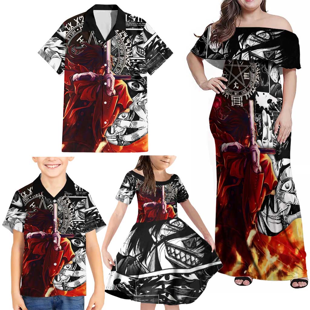 Alucard Hellsing Manga Collage Black and Red Design Family Matching Off Shoulder Maxi Dress and Hawaiian Shirt with Gun Pose and Symbolic Silhouettes