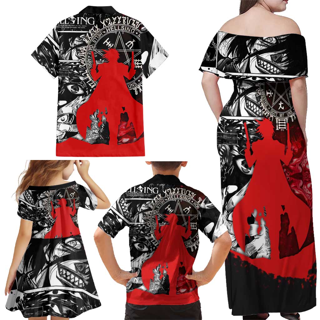 Alucard Hellsing Manga Collage Black and Red Design Family Matching Off Shoulder Maxi Dress and Hawaiian Shirt with Gun Pose and Symbolic Silhouettes