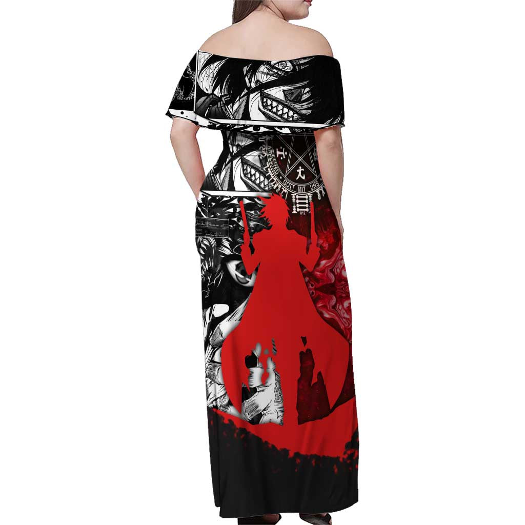 Alucard Hellsing Manga Collage Black and Red Design Family Matching Off Shoulder Maxi Dress and Hawaiian Shirt with Gun Pose and Symbolic Silhouettes
