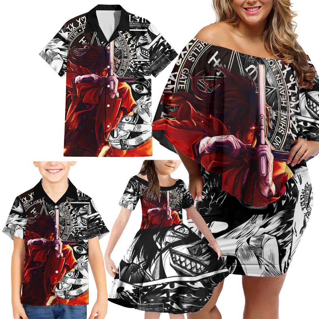 Alucard Hellsing Manga Collage Black and Red Design Family Matching Off Shoulder Short Dress and Hawaiian Shirt with Gun Pose and Symbolic Silhouettes