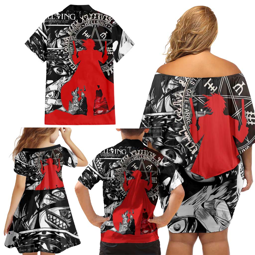 Alucard Hellsing Manga Collage Black and Red Design Family Matching Off Shoulder Short Dress and Hawaiian Shirt with Gun Pose and Symbolic Silhouettes