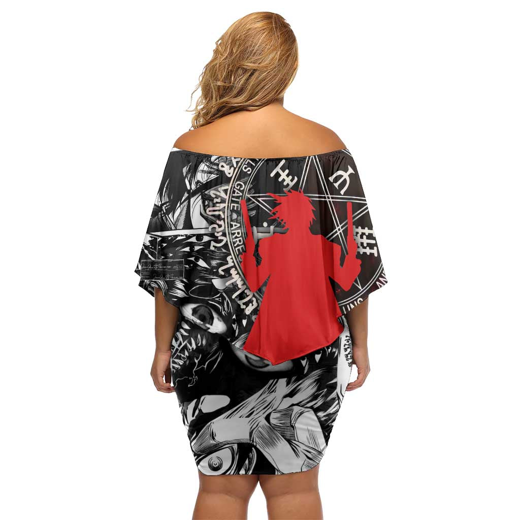 Alucard Hellsing Manga Collage Black and Red Design Family Matching Off Shoulder Short Dress and Hawaiian Shirt with Gun Pose and Symbolic Silhouettes