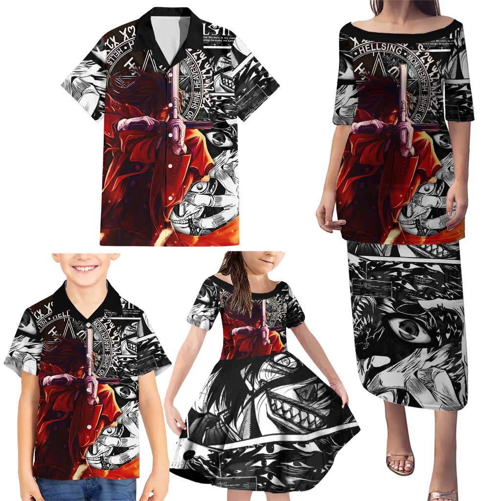 Alucard Hellsing Manga Collage Black and Red Design Family Matching Puletasi and Hawaiian Shirt with Gun Pose and Symbolic Silhouettes