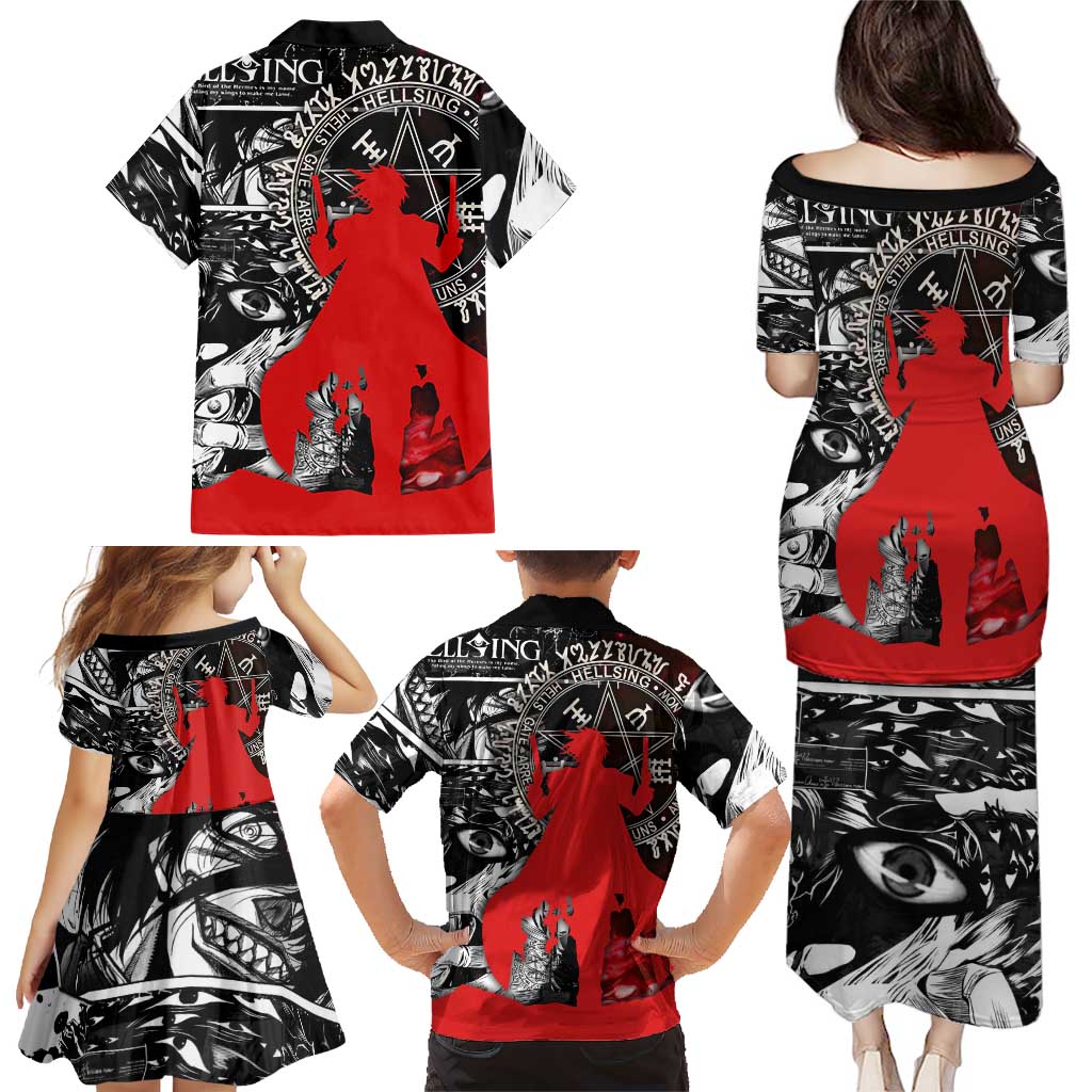 Alucard Hellsing Manga Collage Black and Red Design Family Matching Puletasi and Hawaiian Shirt with Gun Pose and Symbolic Silhouettes