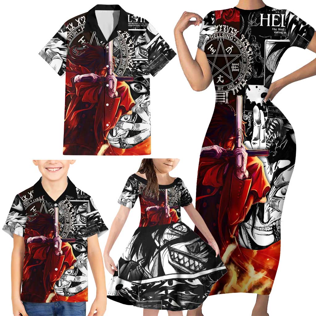Alucard Hellsing Manga Collage Black and Red Design Family Matching Short Sleeve Bodycon Dress and Hawaiian Shirt with Gun Pose and Symbolic Silhouettes