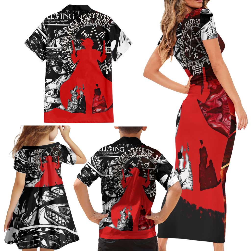 Alucard Hellsing Manga Collage Black and Red Design Family Matching Short Sleeve Bodycon Dress and Hawaiian Shirt with Gun Pose and Symbolic Silhouettes