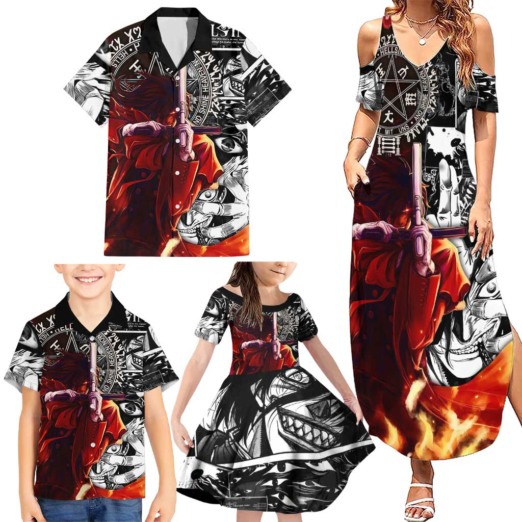 Alucard Hellsing Manga Collage Black and Red Design Family Matching Summer Maxi Dress and Hawaiian Shirt with Gun Pose and Symbolic Silhouettes