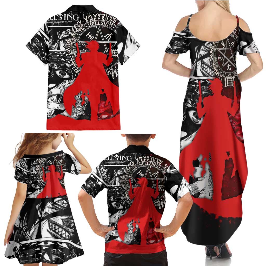 Alucard Hellsing Manga Collage Black and Red Design Family Matching Summer Maxi Dress and Hawaiian Shirt with Gun Pose and Symbolic Silhouettes