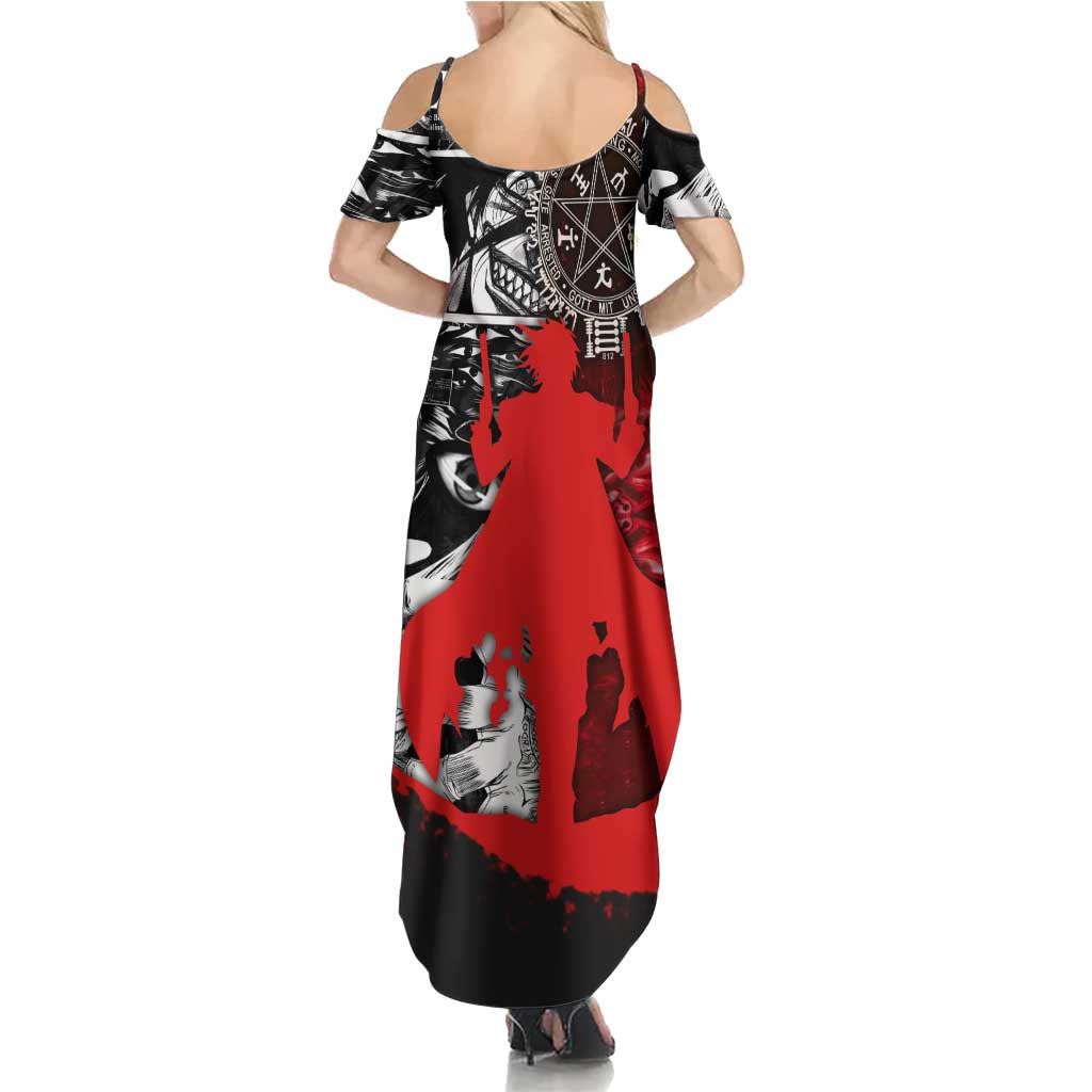 Alucard Hellsing Manga Collage Black and Red Design Family Matching Summer Maxi Dress and Hawaiian Shirt with Gun Pose and Symbolic Silhouettes
