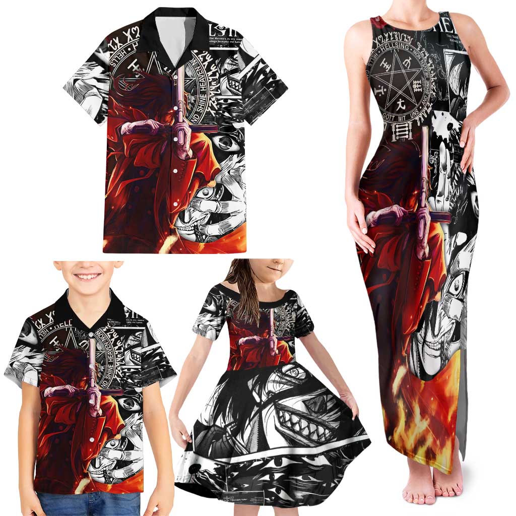 Alucard Hellsing Manga Collage Black and Red Design Family Matching Tank Maxi Dress and Hawaiian Shirt with Gun Pose and Symbolic Silhouettes