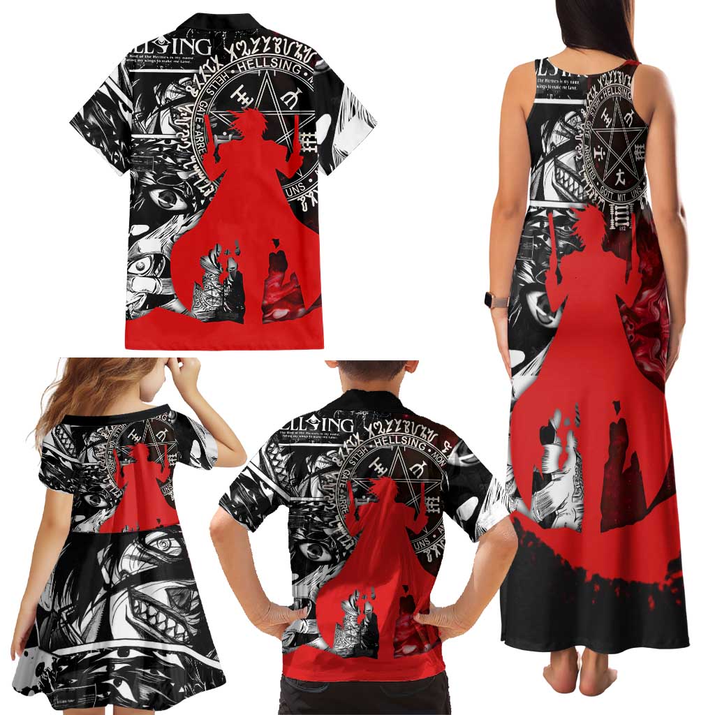 Alucard Hellsing Manga Collage Black and Red Design Family Matching Tank Maxi Dress and Hawaiian Shirt with Gun Pose and Symbolic Silhouettes