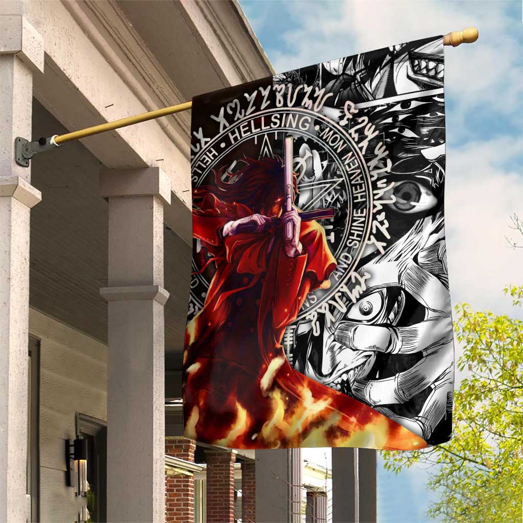 Alucard Hellsing Manga Collage Black and Red Design Garden Flag with Gun Pose and Symbolic Silhouettes - The Mazicc