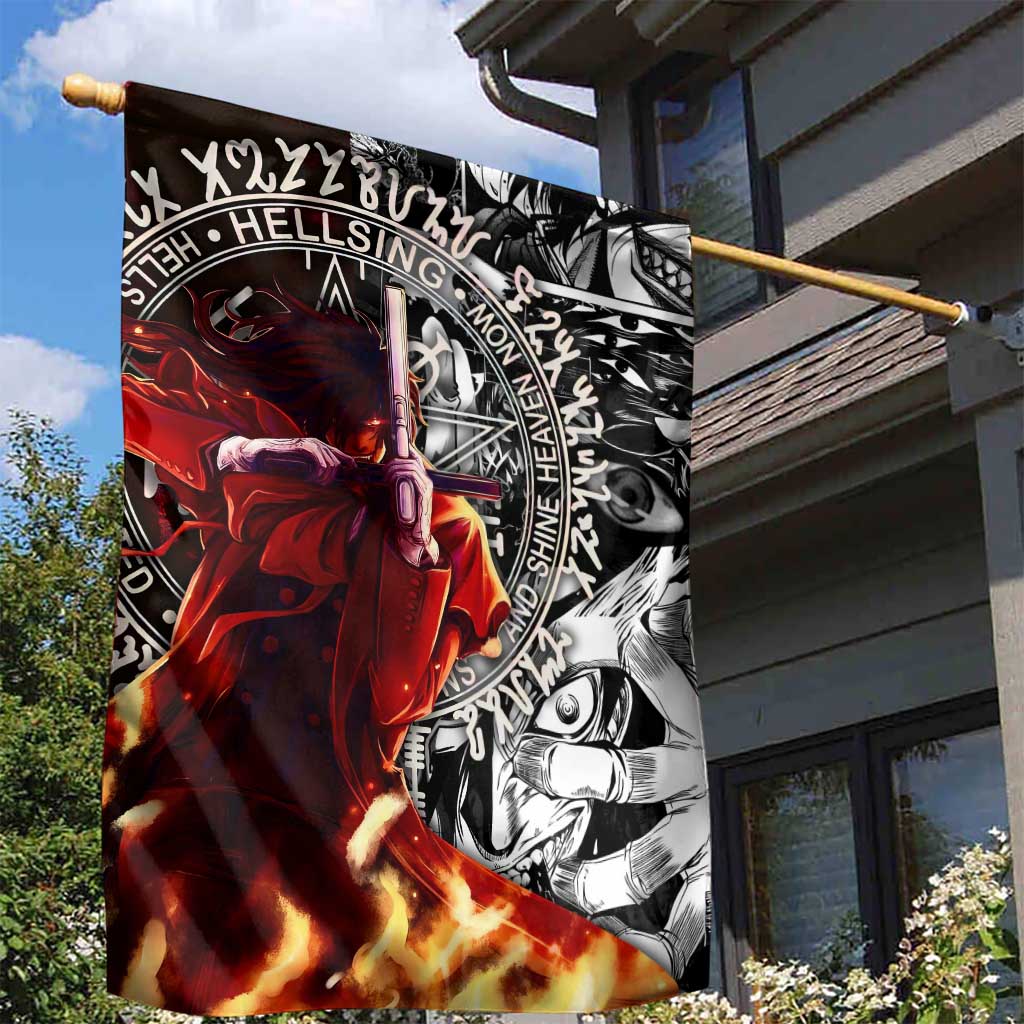 Alucard Hellsing Manga Collage Black and Red Design Garden Flag with Gun Pose and Symbolic Silhouettes - The Mazicc