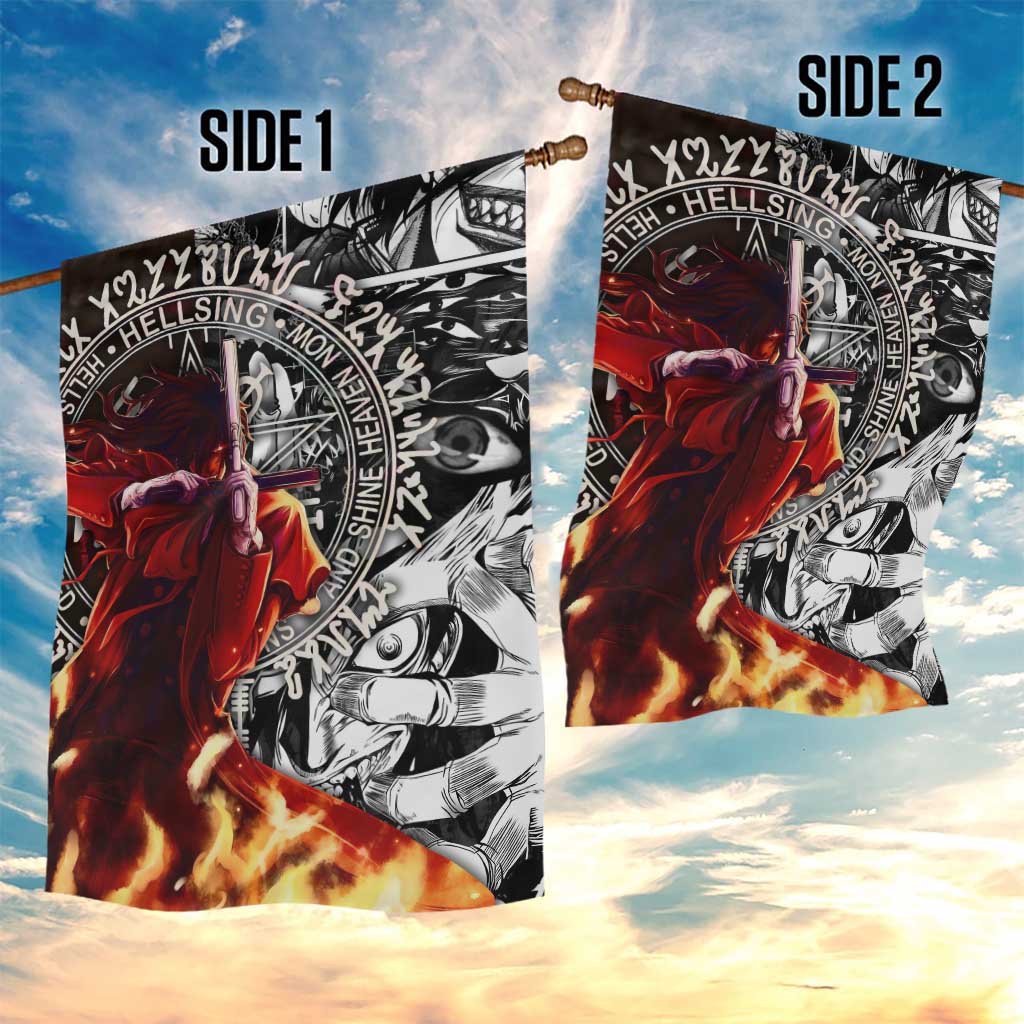 Alucard Hellsing Manga Collage Black and Red Design Garden Flag with Gun Pose and Symbolic Silhouettes - The Mazicc