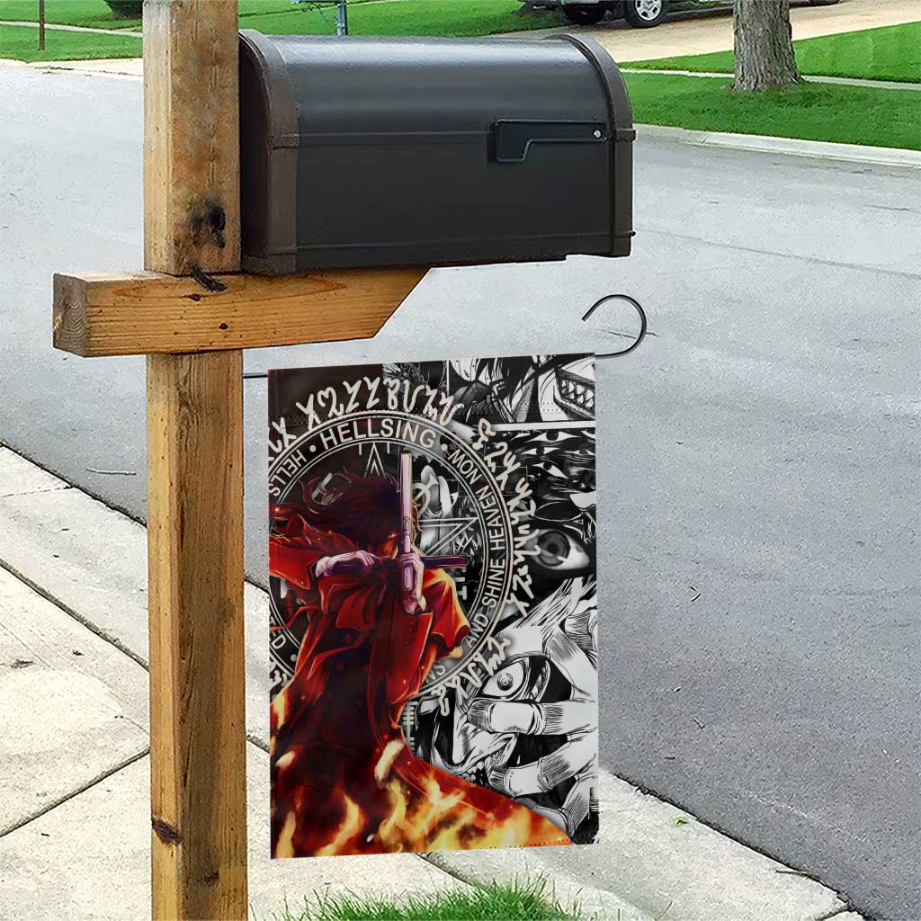 Alucard Hellsing Manga Collage Black and Red Design Garden Flag with Gun Pose and Symbolic Silhouettes - The Mazicc
