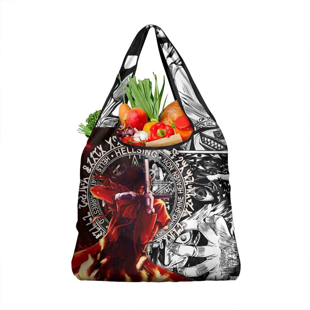 Alucard Hellsing Manga Collage Black and Red Design Grocery Bag with Gun Pose and Symbolic Silhouettes - The Mazicc