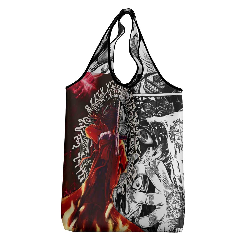 Alucard Hellsing Manga Collage Black and Red Design Grocery Bag with Gun Pose and Symbolic Silhouettes - The Mazicc