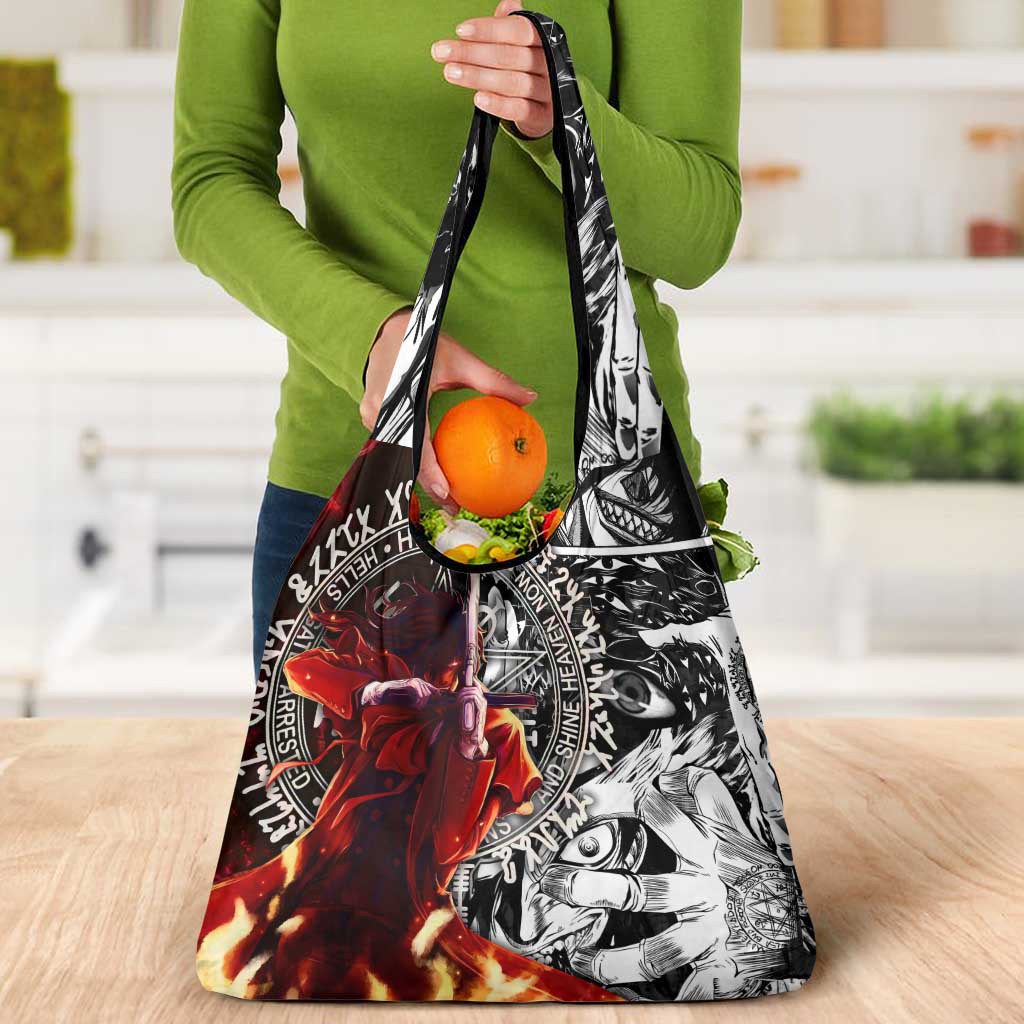 Alucard Hellsing Manga Collage Black and Red Design Grocery Bag with Gun Pose and Symbolic Silhouettes - The Mazicc