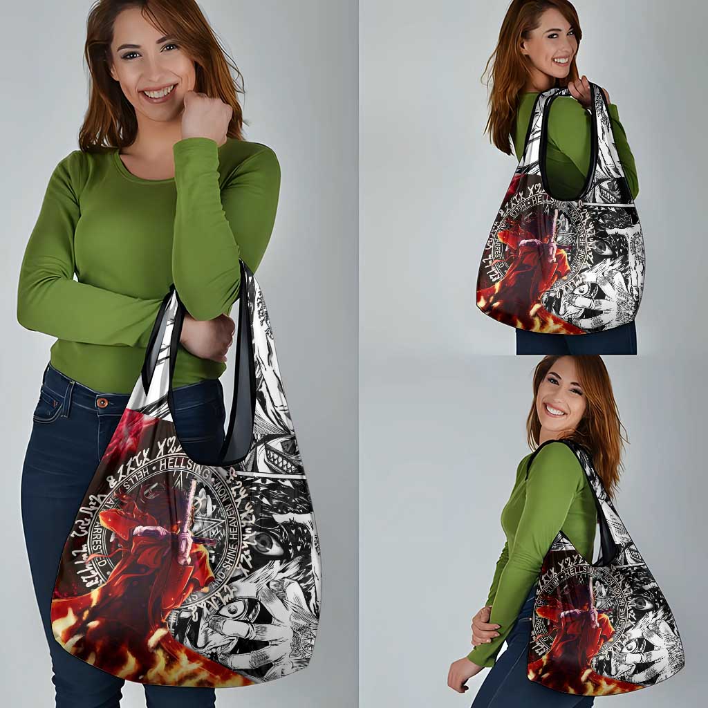 Alucard Hellsing Manga Collage Black and Red Design Grocery Bag with Gun Pose and Symbolic Silhouettes - The Mazicc