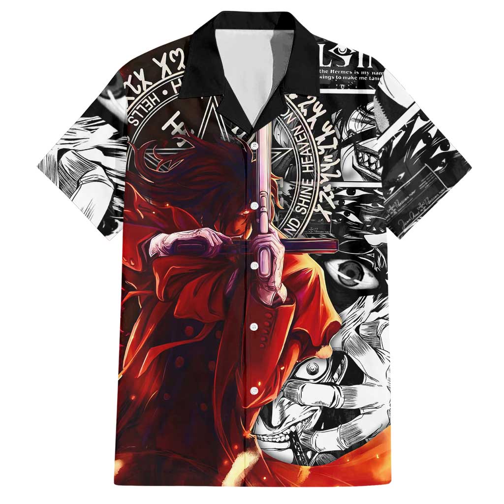 Alucard Hellsing Manga Collage Black and Red Design Hawaiian Shirt with Gun Pose and Symbolic Silhouettes - The Mazicc
