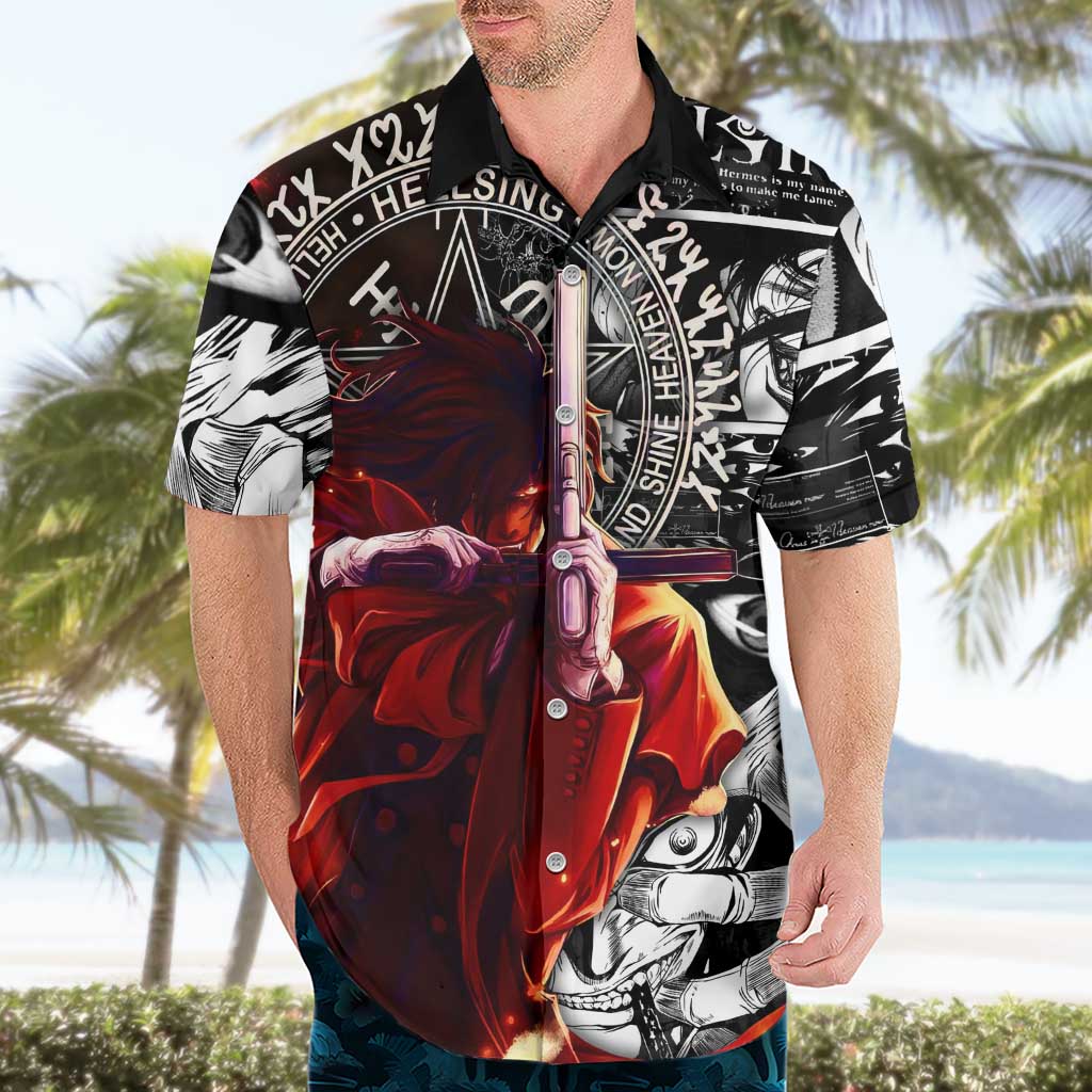Alucard Hellsing Manga Collage Black and Red Design Hawaiian Shirt with Gun Pose and Symbolic Silhouettes - The Mazicc