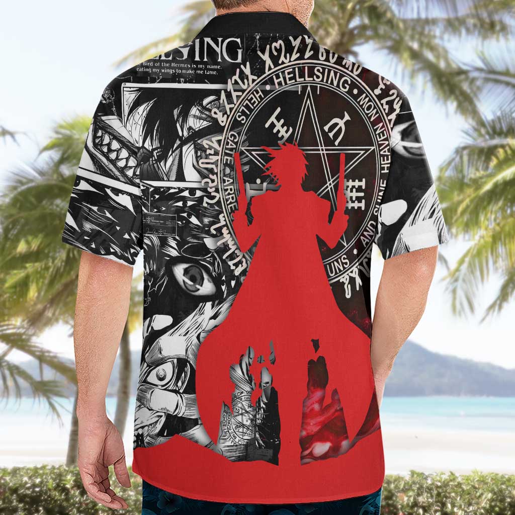 Alucard Hellsing Manga Collage Black and Red Design Hawaiian Shirt with Gun Pose and Symbolic Silhouettes - The Mazicc