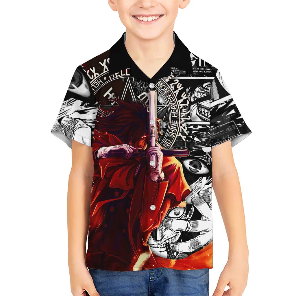 Alucard Hellsing Manga Collage Black and Red Design Hawaiian Shirt with Gun Pose and Symbolic Silhouettes - The Mazicc