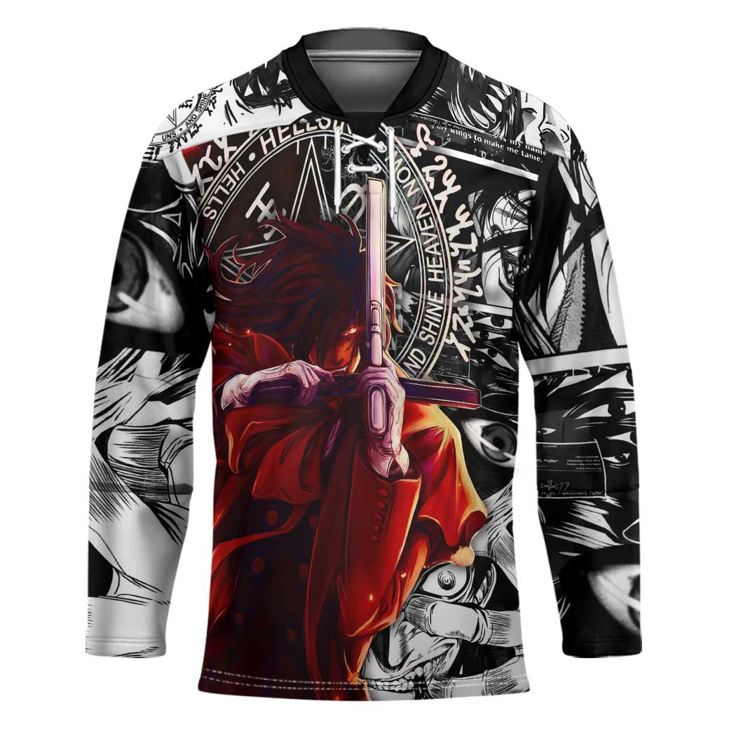 Alucard Hellsing Manga Collage Black and Red Design Hockey Jersey with Gun Pose and Symbolic Silhouettes - The Mazicc