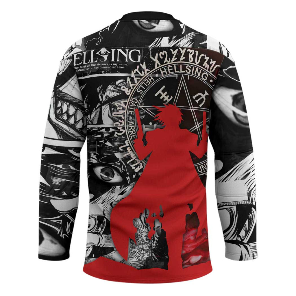Alucard Hellsing Manga Collage Black and Red Design Hockey Jersey with Gun Pose and Symbolic Silhouettes - The Mazicc
