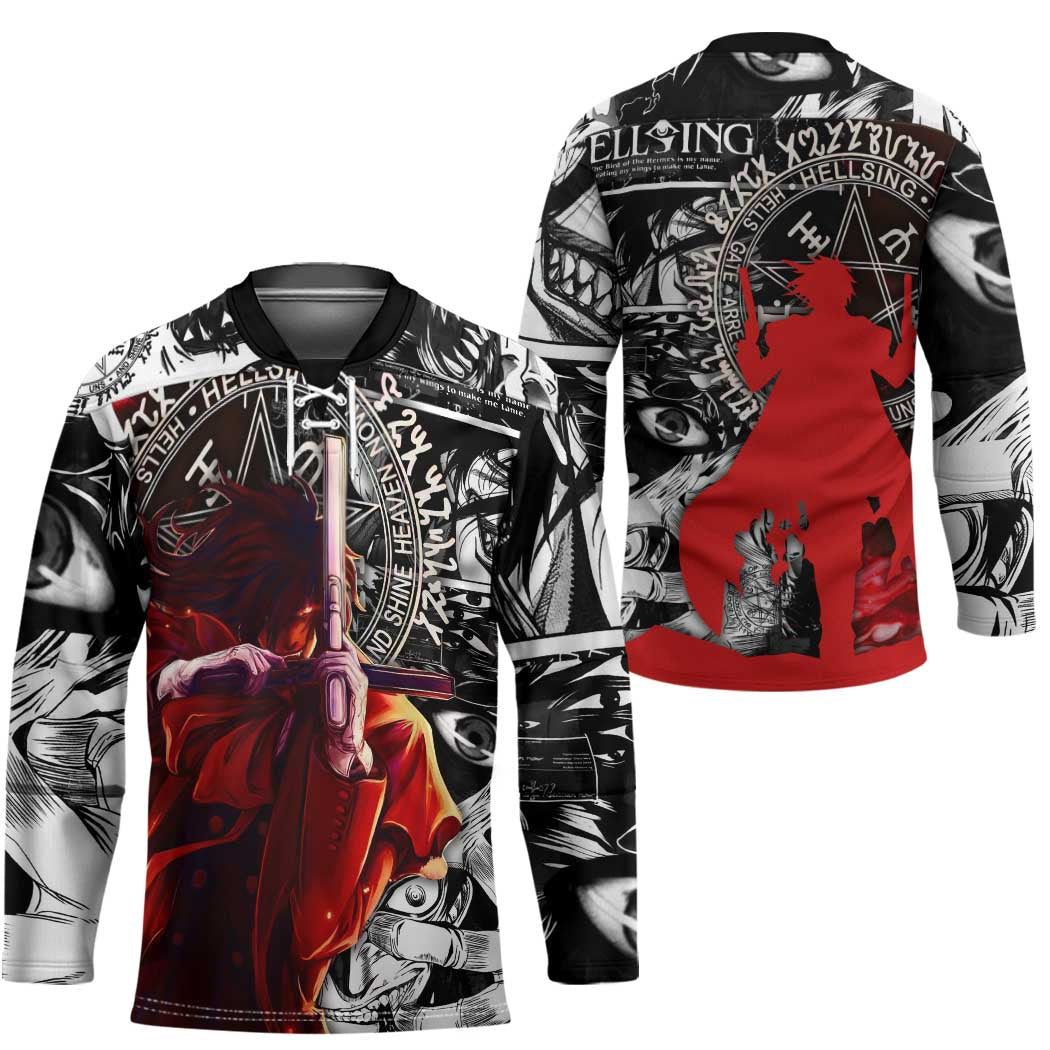 Alucard Hellsing Manga Collage Black and Red Design Hockey Jersey with Gun Pose and Symbolic Silhouettes - The Mazicc