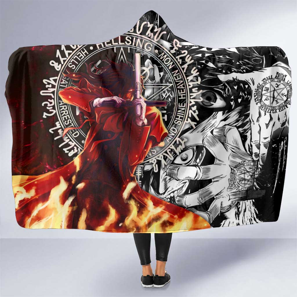 Alucard Hellsing Manga Collage Black and Red Design Hooded Blanket with Gun Pose and Symbolic Silhouettes - The Mazicc