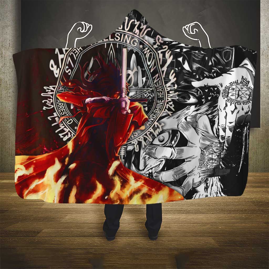 Alucard Hellsing Manga Collage Black and Red Design Hooded Blanket with Gun Pose and Symbolic Silhouettes - The Mazicc